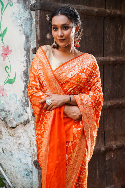 Hand Bandhej  Handloom Banarasi Saree in Pure Khaddi Georgette - see colors