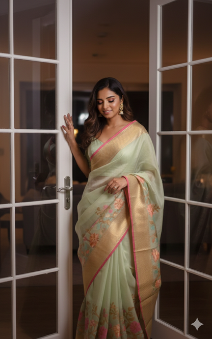 Green Banarasi Tissue Silk Saree with Skirt Border Stitched Blouse