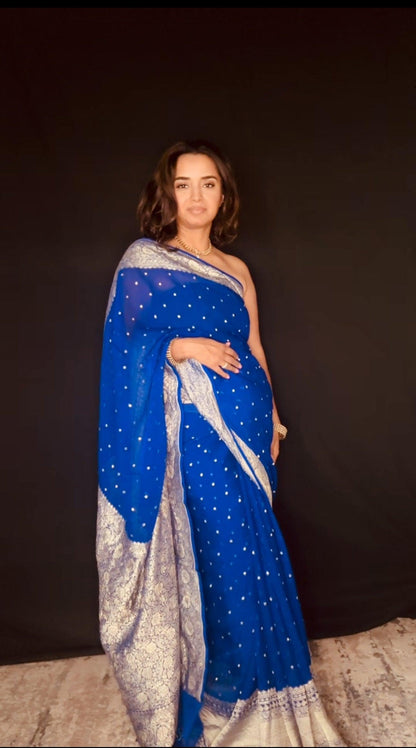 Electric Blue Banarasi Saree Pure Khaddi Georgette with Dual tone Zari