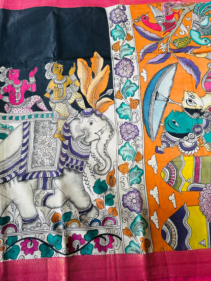 Pen Kalamkari with zari border in Silk - with silk Mark
