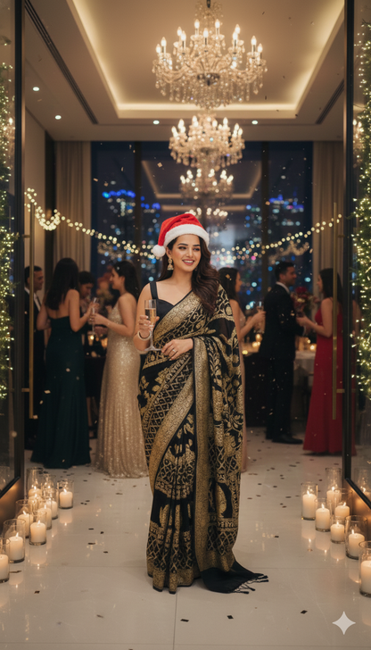 Black Banarasi Saree Pure Khaddi Georgette with Gold Zari