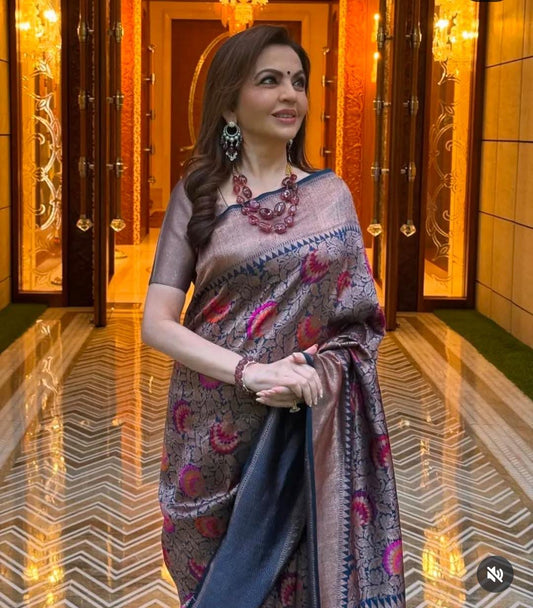 Nita Ambani Tilfi Pure Katan Handwoven Banarasi Saree with Silk Mark - Jaal - Meenakari