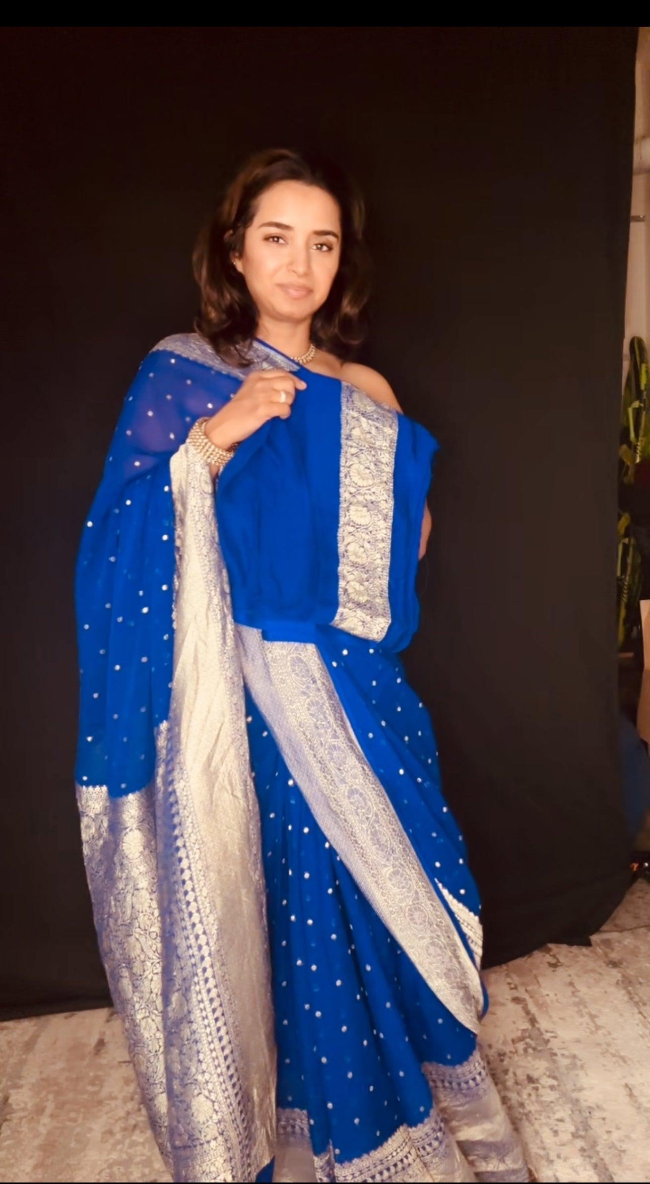 Electric Blue Banarasi Saree Pure Khaddi Georgette with Dual tone Zari