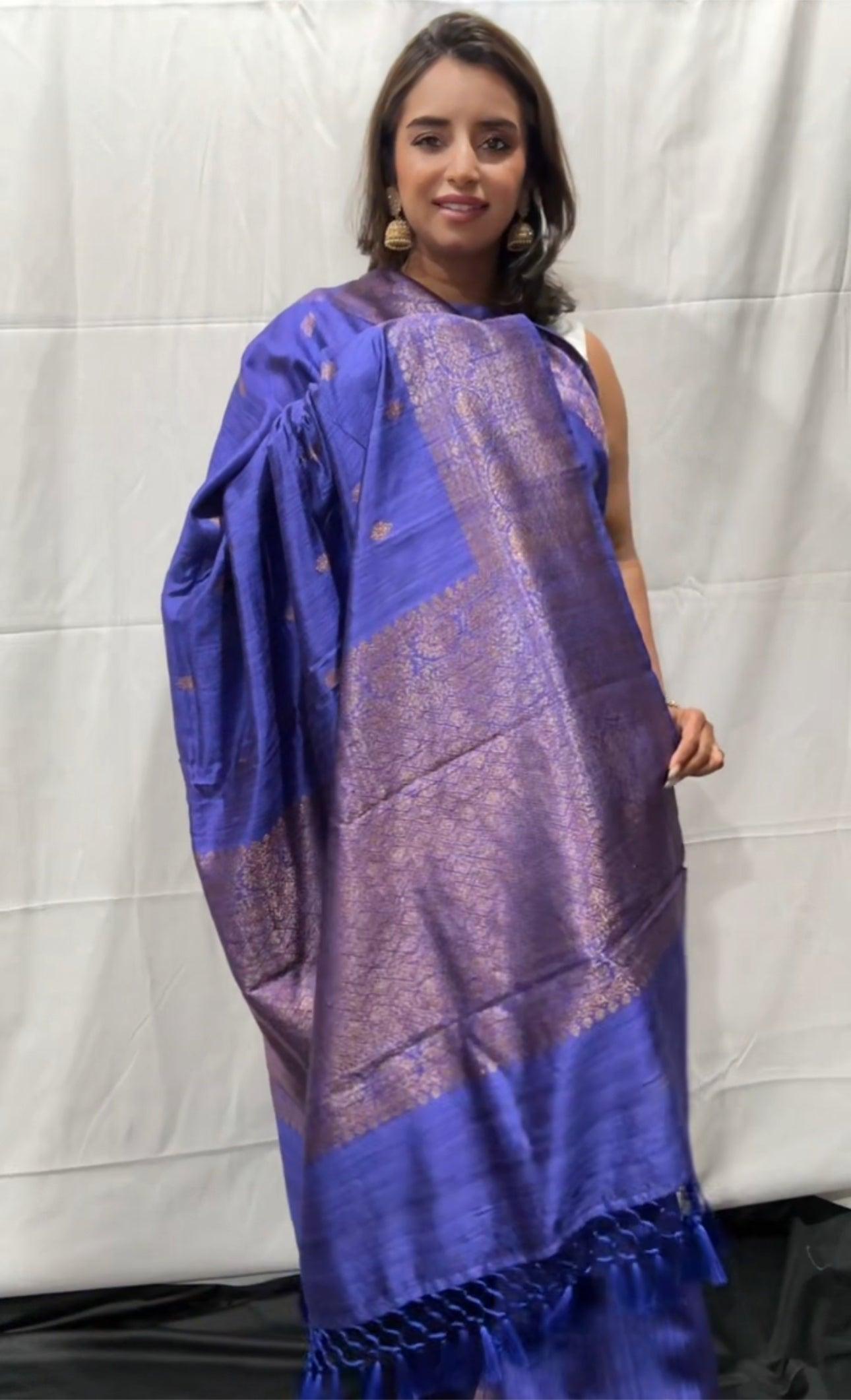 Pure Tussar Banarasi Handwoven Saree with floral blouse peice