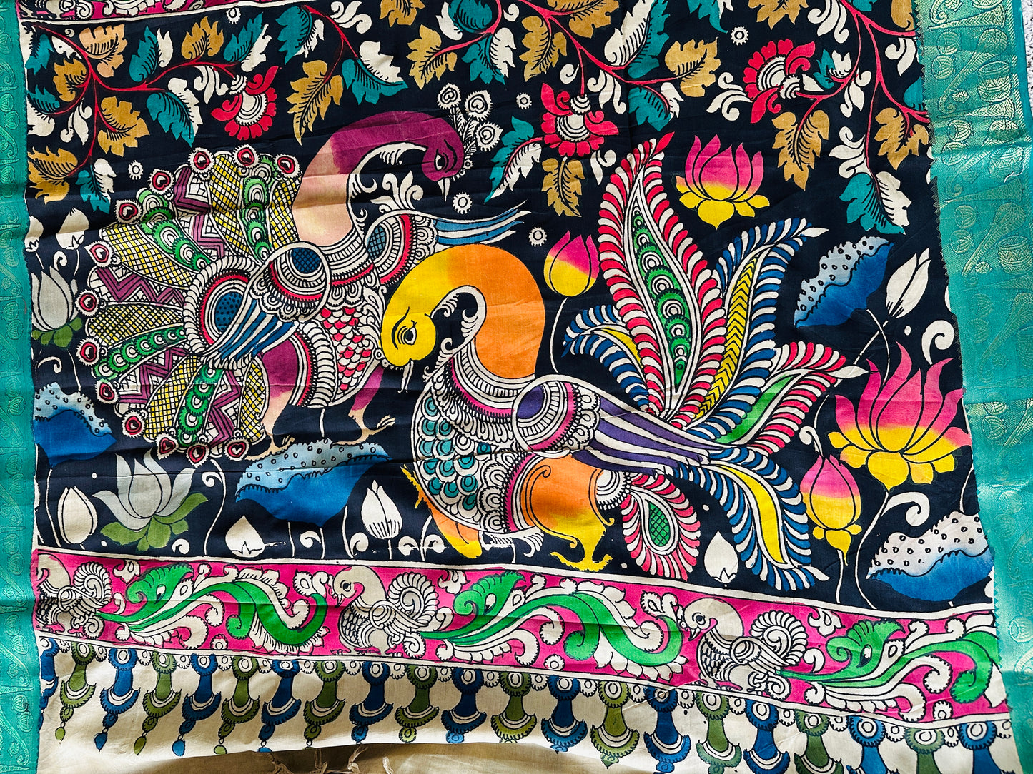 Pen Kalamkari with zari border in Silk - with silk Mark