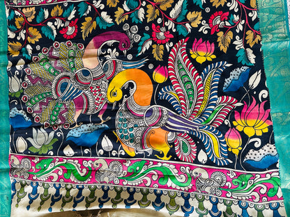 Pen Kalamkari with zari border in Silk - with silk Mark