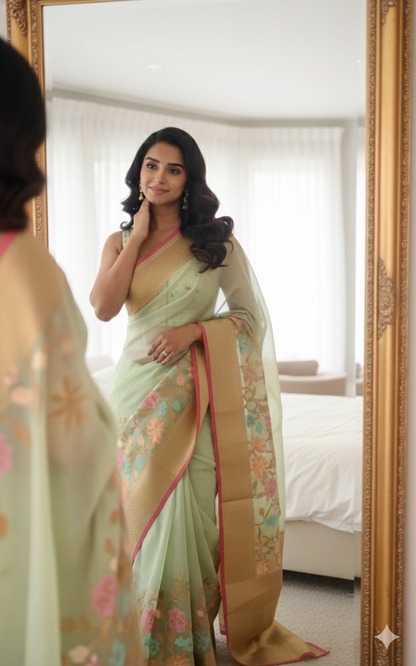 Green Banarasi Tissue Silk Saree with Skirt Border Stitched Blouse