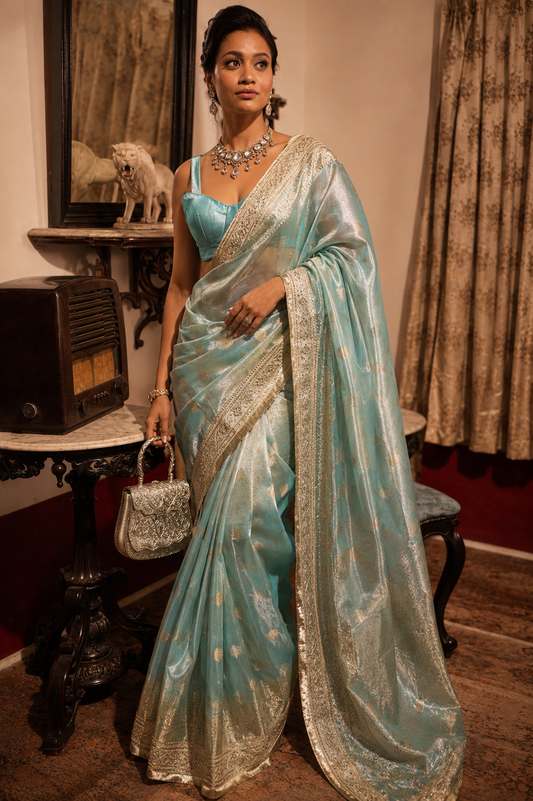 Blue Banarasi Tissue Silk Saree with Gotta Patti with stitched blouse