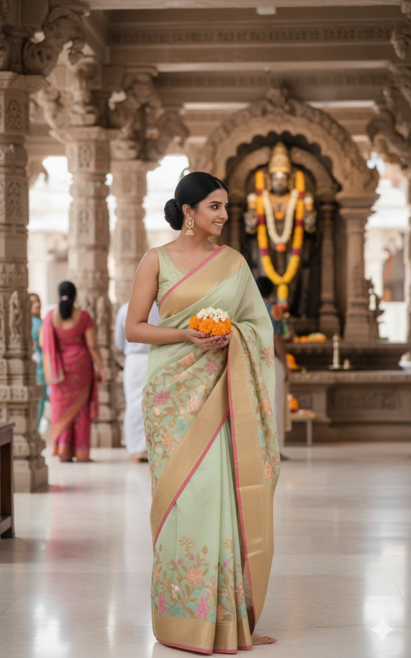 Green Banarasi Tissue Silk Saree with Skirt Border Stitched Blouse