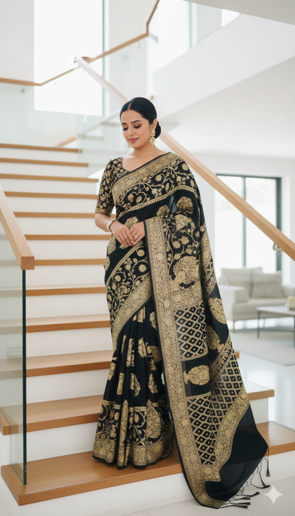 Black Banarasi Saree Pure Khaddi Georgette with Gold Zari
