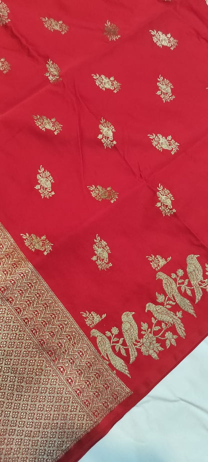 Handwoven Satin Silk Banarasi Saree with  Bird Family Motifs | Heritage Artisan Weave