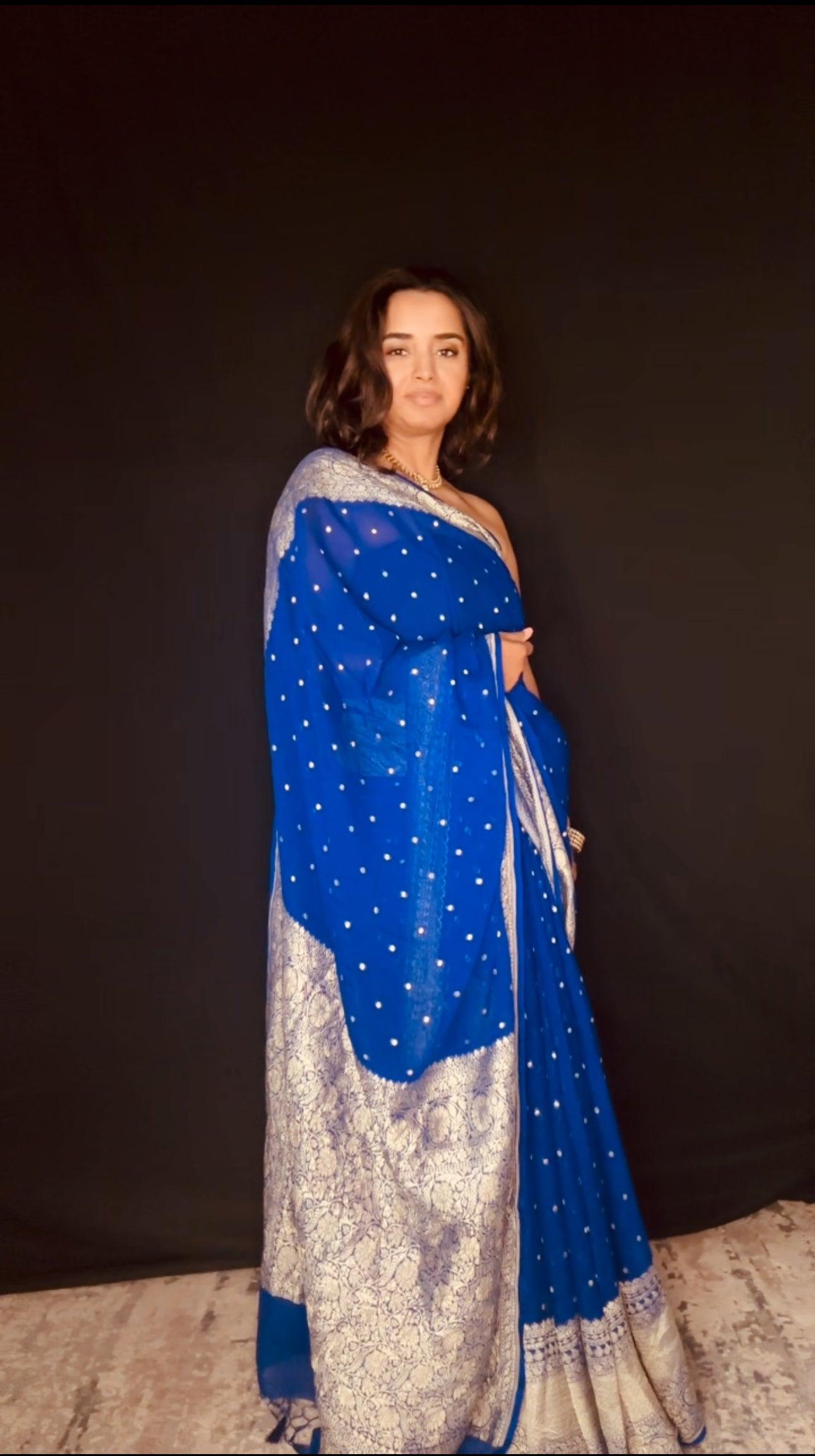 Electric Blue Banarasi Saree Pure Khaddi Georgette with Dual tone Zari