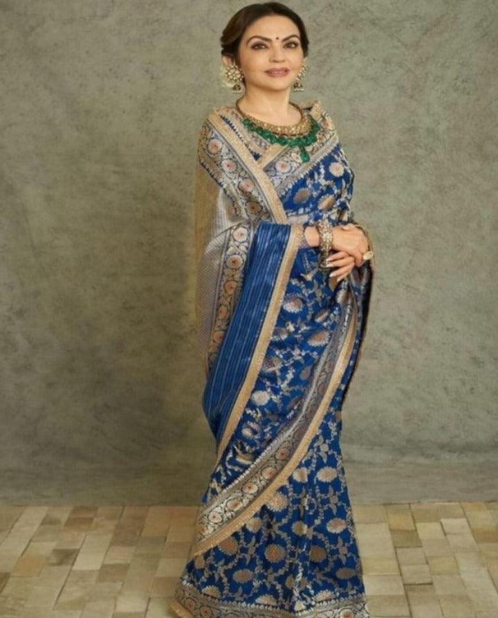 Nita Ambani Inspired Pure Katan Handwoven Banarasi Saree with Silk Mark - Jaal - Meenakari