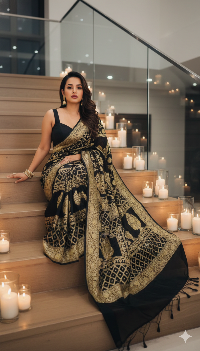 Black Banarasi Saree Pure Khaddi Georgette with Gold Zari