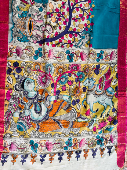 Pen Kalamkari with zari border in Silk - with silk Mark