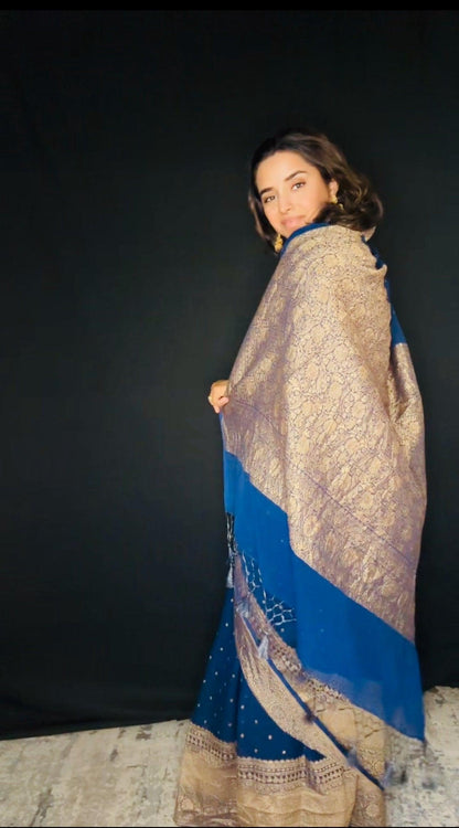 Greenish Blue Banarasi Saree Pure Khaddi Georgette with Antique Zari