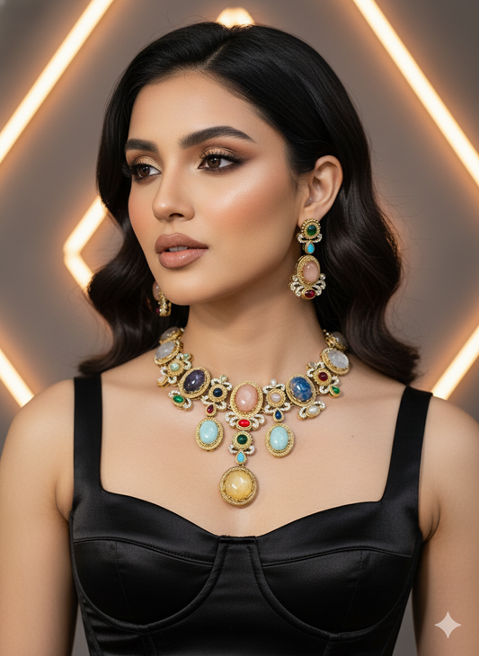 Royal Multicolor Lab-Grown Gemstone Jewelry Set | Statement Brass Necklace & Earrings | Bridal Jewelry | Indian Wedding Set | Festive Multigem Necklace