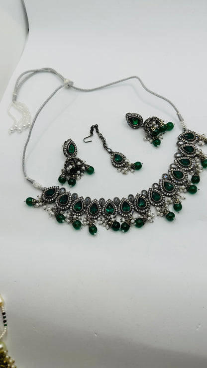 Emerald Green Polki Kundan Moti Jwellery Set