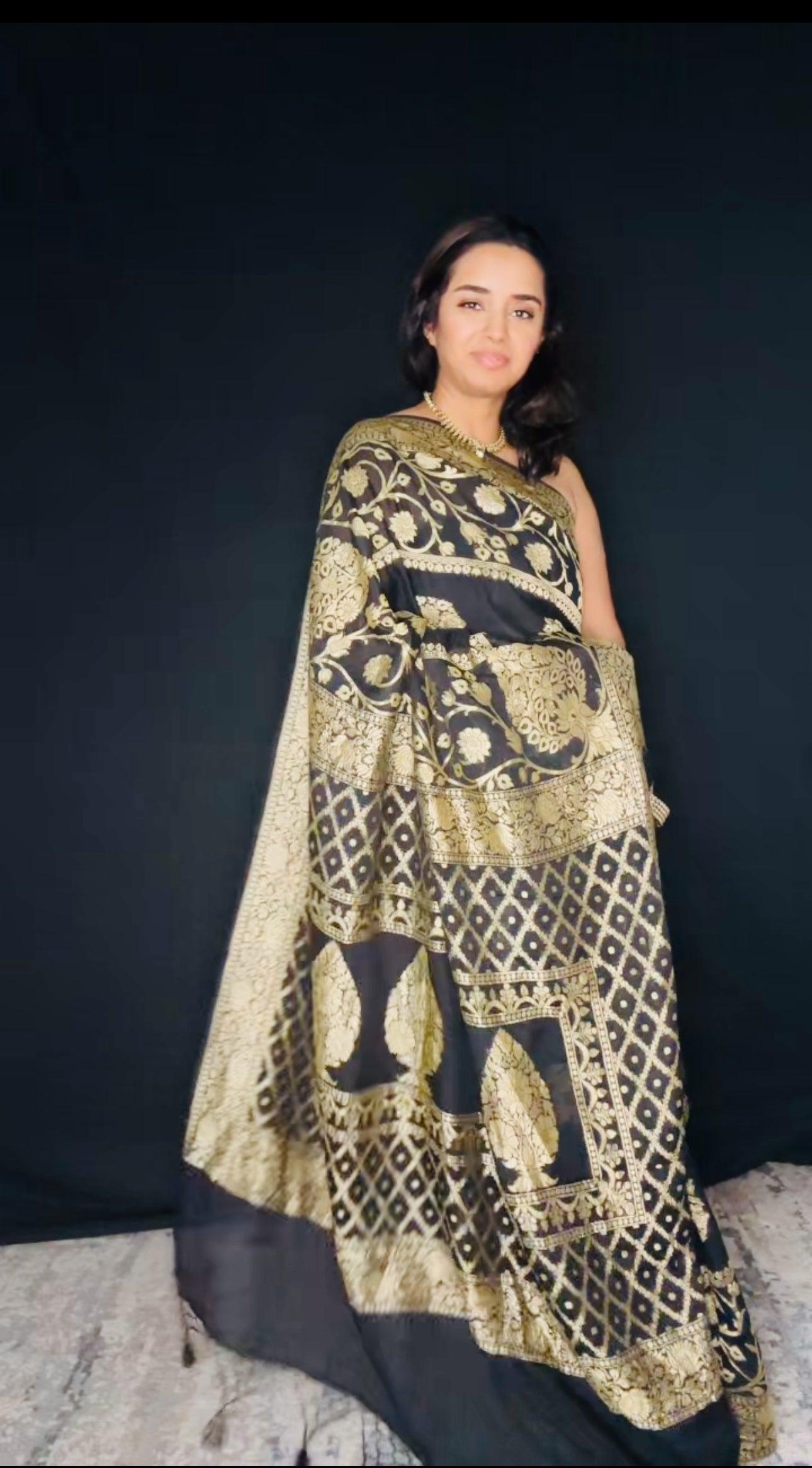 Black Banarasi Saree Pure Khaddi Georgette with Gold Zari