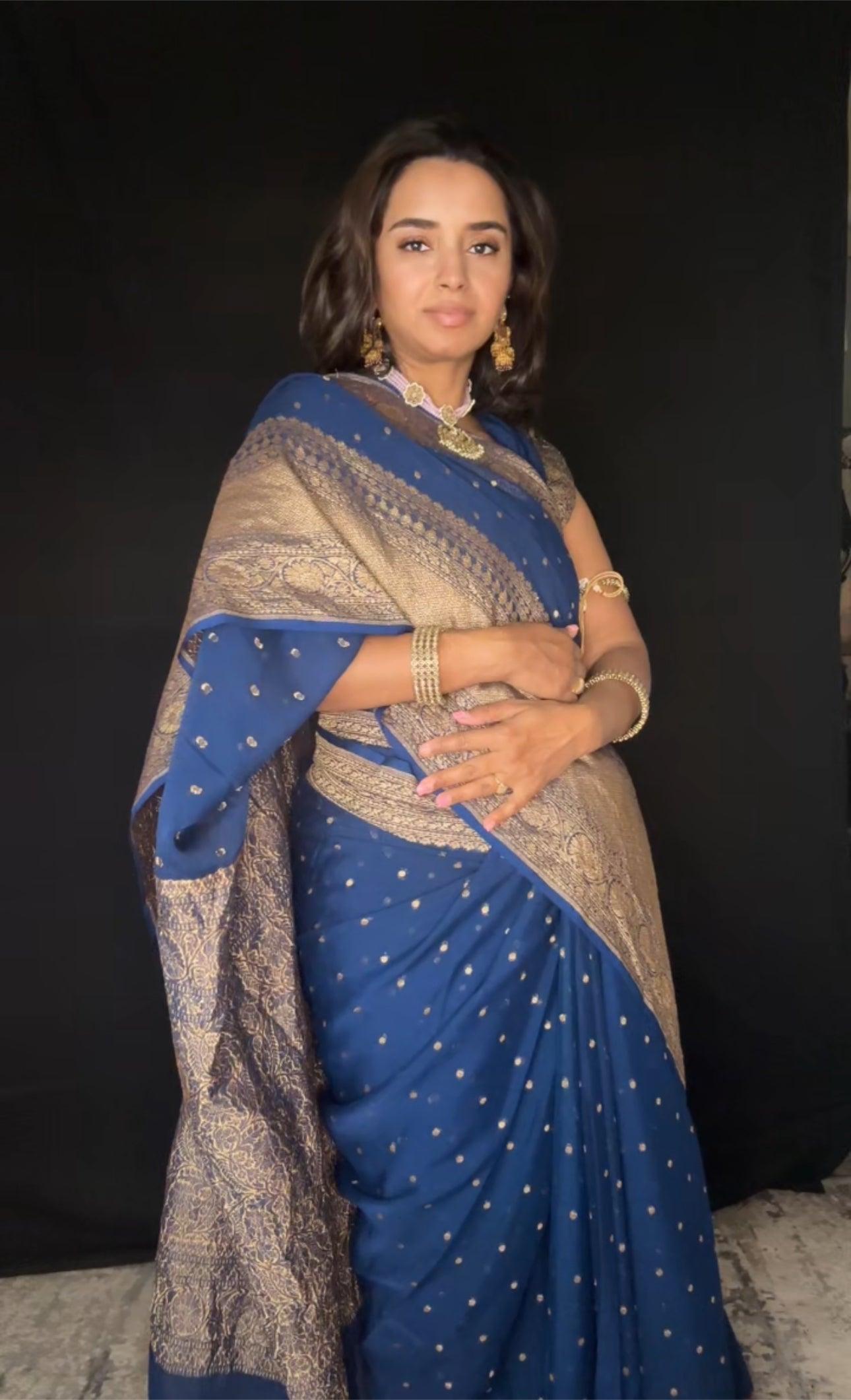 Greenish Blue Banarasi Saree Pure Khaddi Georgette with Antique Zari