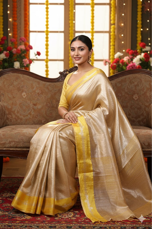 Aahana – The Golden Glow | Tissue Brocade Saree with Satin Border