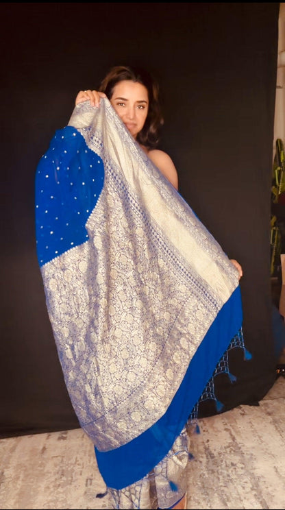 Electric Blue Banarasi Saree Pure Khaddi Georgette with Dual tone Zari