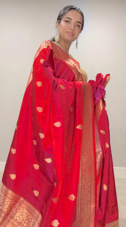 Banarasi Silk Saree Pure Mashru  - Reddish Pink - Kaduwa