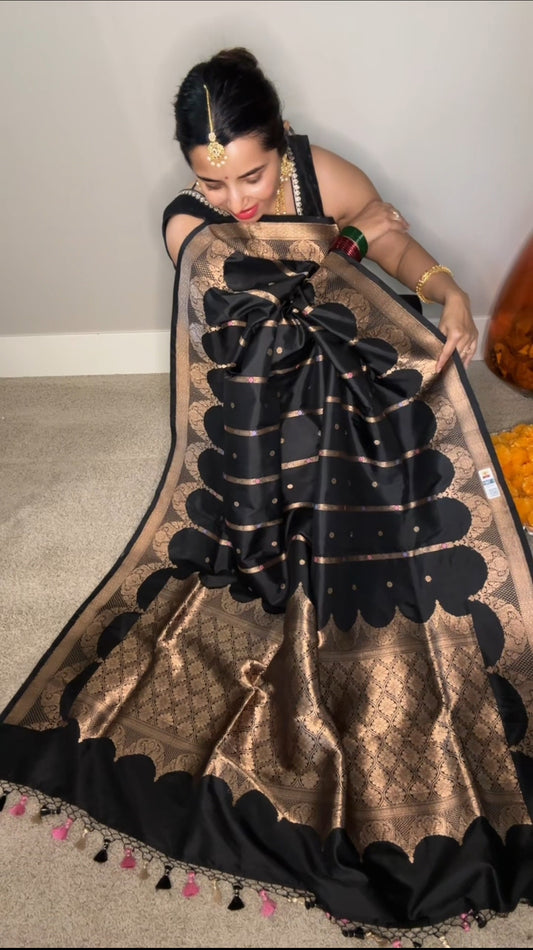 Exquisite Banarasi Handwoven Black Katan Silk Saree Kaduwa with Gold Zari Silk Mark Saree with blouse