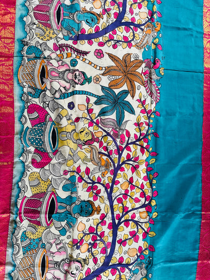 Pen Kalamkari with zari border in Silk - with silk Mark
