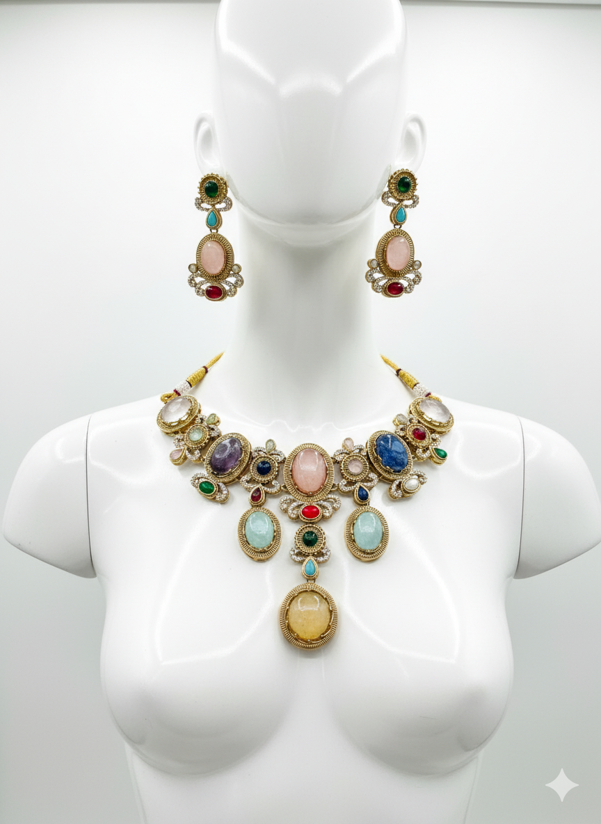 Royal Multicolor Lab-Grown Gemstone Jewelry Set | Statement Brass Necklace & Earrings | Bridal Jewelry | Indian Wedding Set | Festive Multigem Necklace