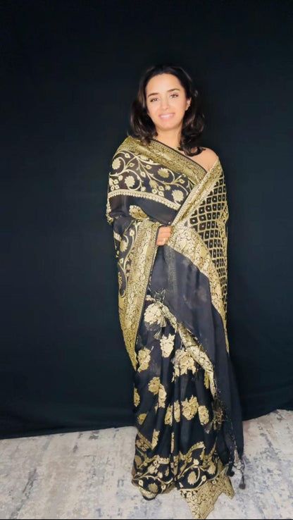 Black Banarasi Saree Pure Khaddi Georgette with Gold Zari