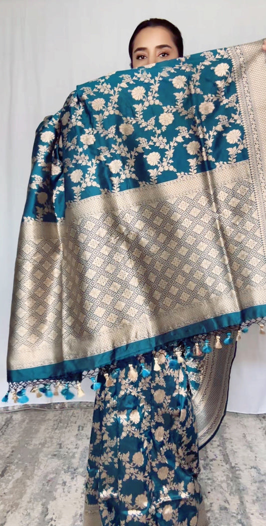 Exquisite  Handwoven Katan Silk Saree Teal Silk Mark certified