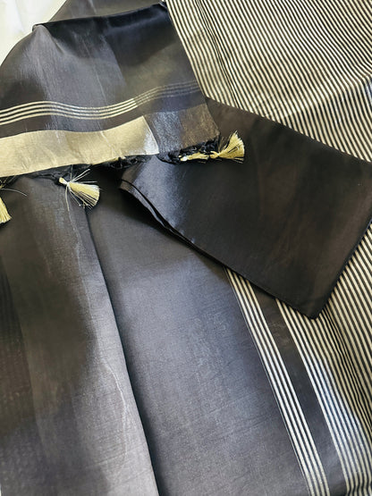 Noor Banarasi  Pure Tissue Silk  Handwoven  Saree with blouse fabric with silver Zari stripes