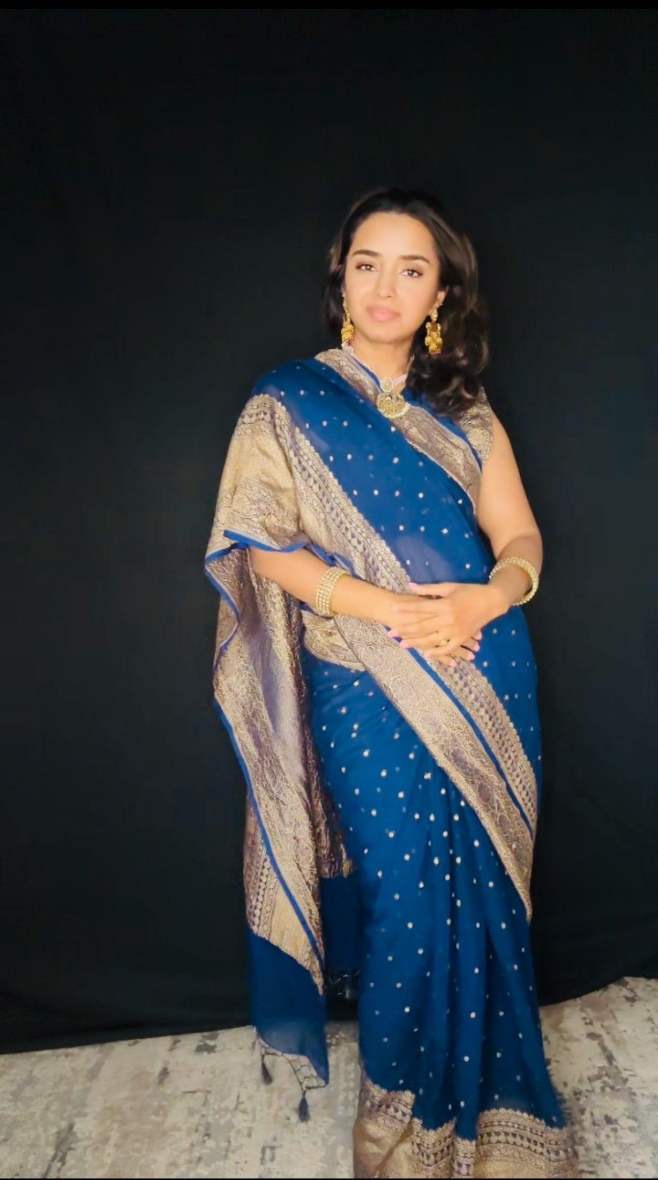 Greenish Blue Banarasi Saree Pure Khaddi Georgette with Antique Zari