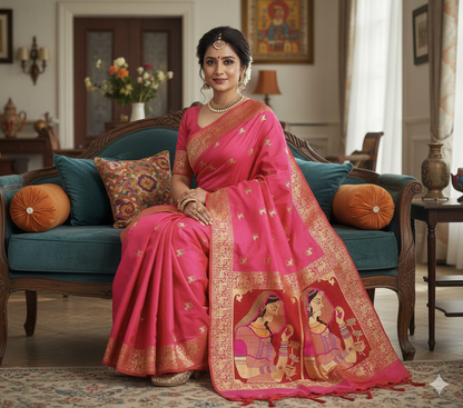 Pure Katan Silk Banarasi Saree with Meenakari ‘Padmavati’ Dulhan Pallu & Deer Motifs | Handwoven Heirloom - Made to order