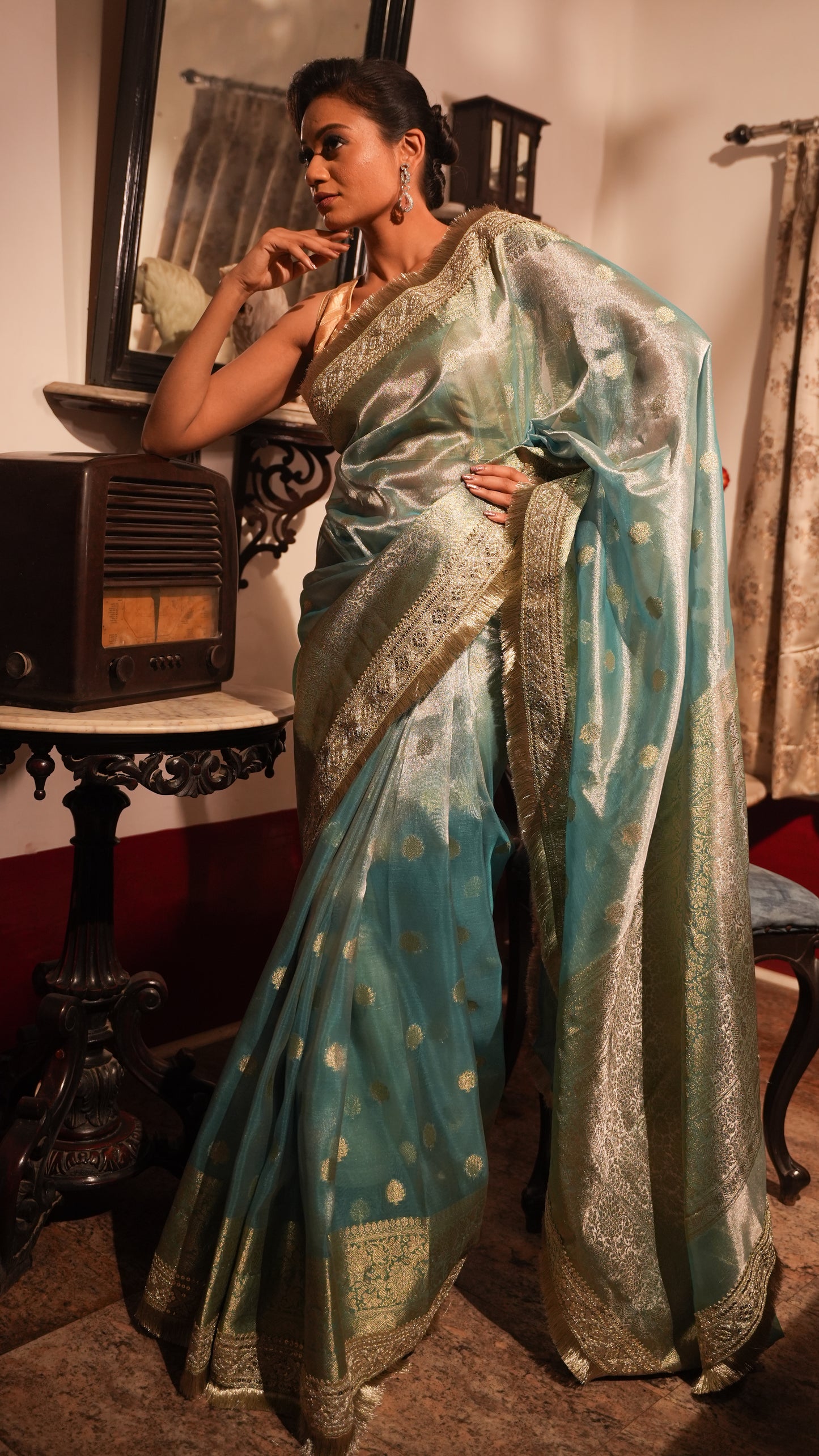 Blue Banarasi Tissue Silk Saree with Gotta Patti with stitched blouse