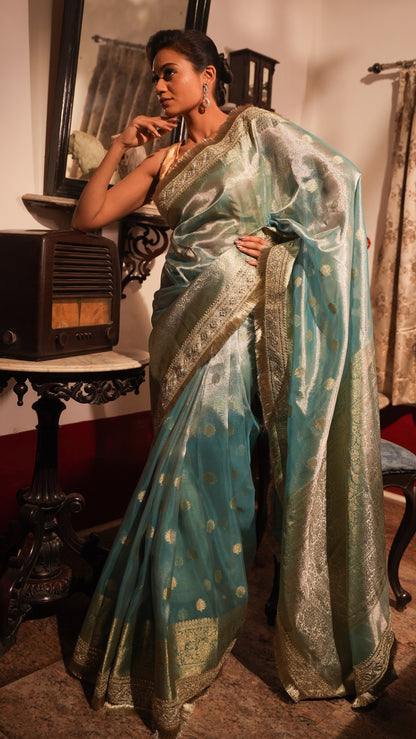 Blue Banarasi Tissue Silk Saree with Gotta Patti with stitched blouse