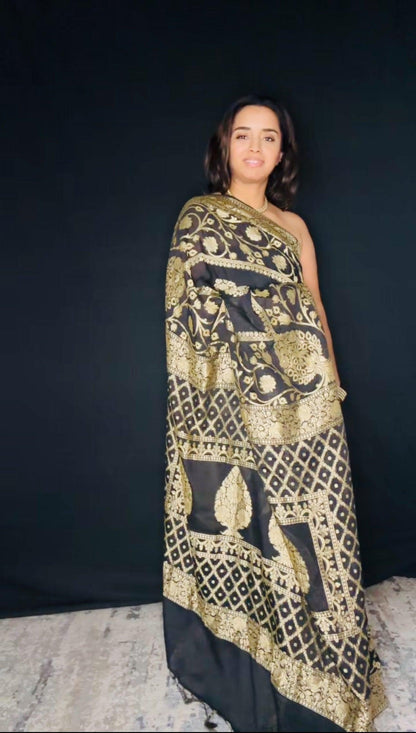 Black Banarasi Saree Pure Khaddi Georgette with Gold Zari