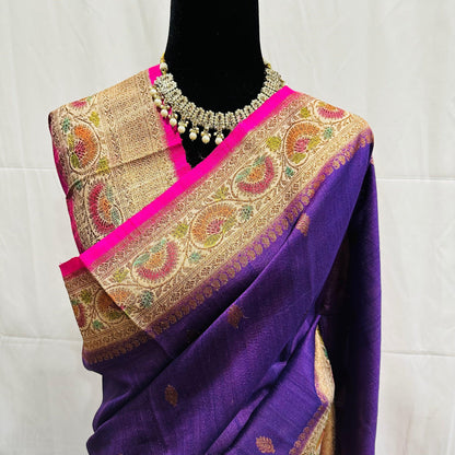 Pure Tussar Banarasi Handwoven Saree with hand brush rangkart