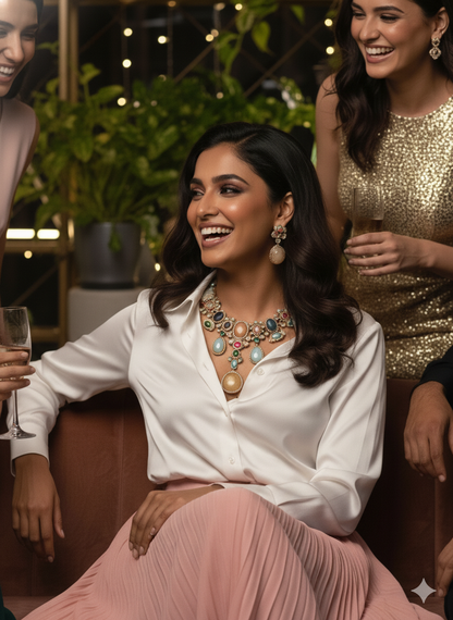 Royal Multicolor Lab-Grown Gemstone Jewelry Set | Statement Brass Necklace & Earrings | Bridal Jewelry | Indian Wedding Set | Festive Multigem Necklace