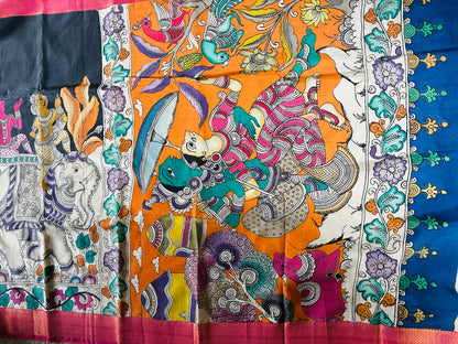 Pen Kalamkari with zari border in Silk - with silk Mark