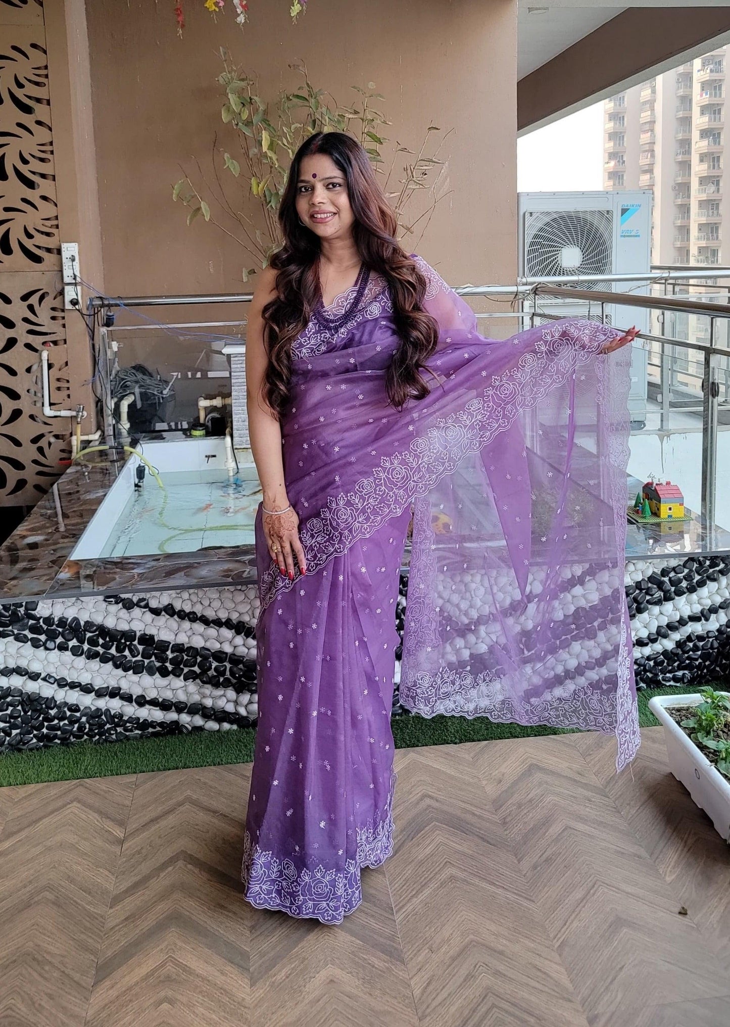 Banarasi  Kora Organza Saree with pearl embroidery- Purple Saree