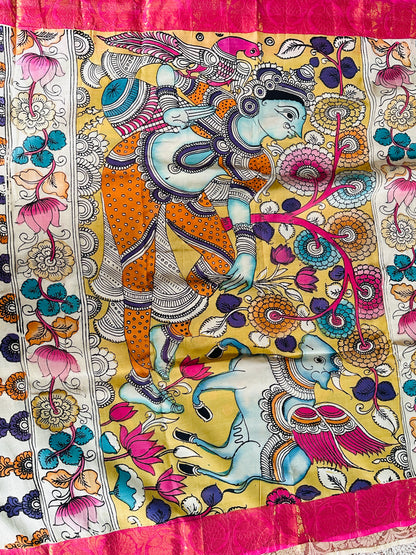 Pen Kalamkari with zari border in Silk - with silk Mark