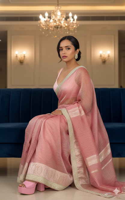 Banarasi  Pure Crushed Tissue Silk  Handwoven  Saree with blouse fabric