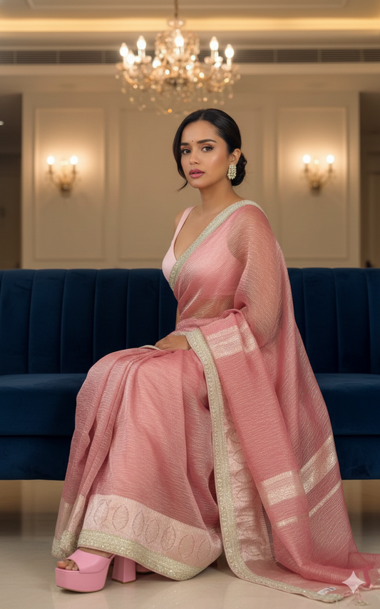 Banarasi  Pure Crushed Tissue Silk  Handwoven  Saree with blouse fabric