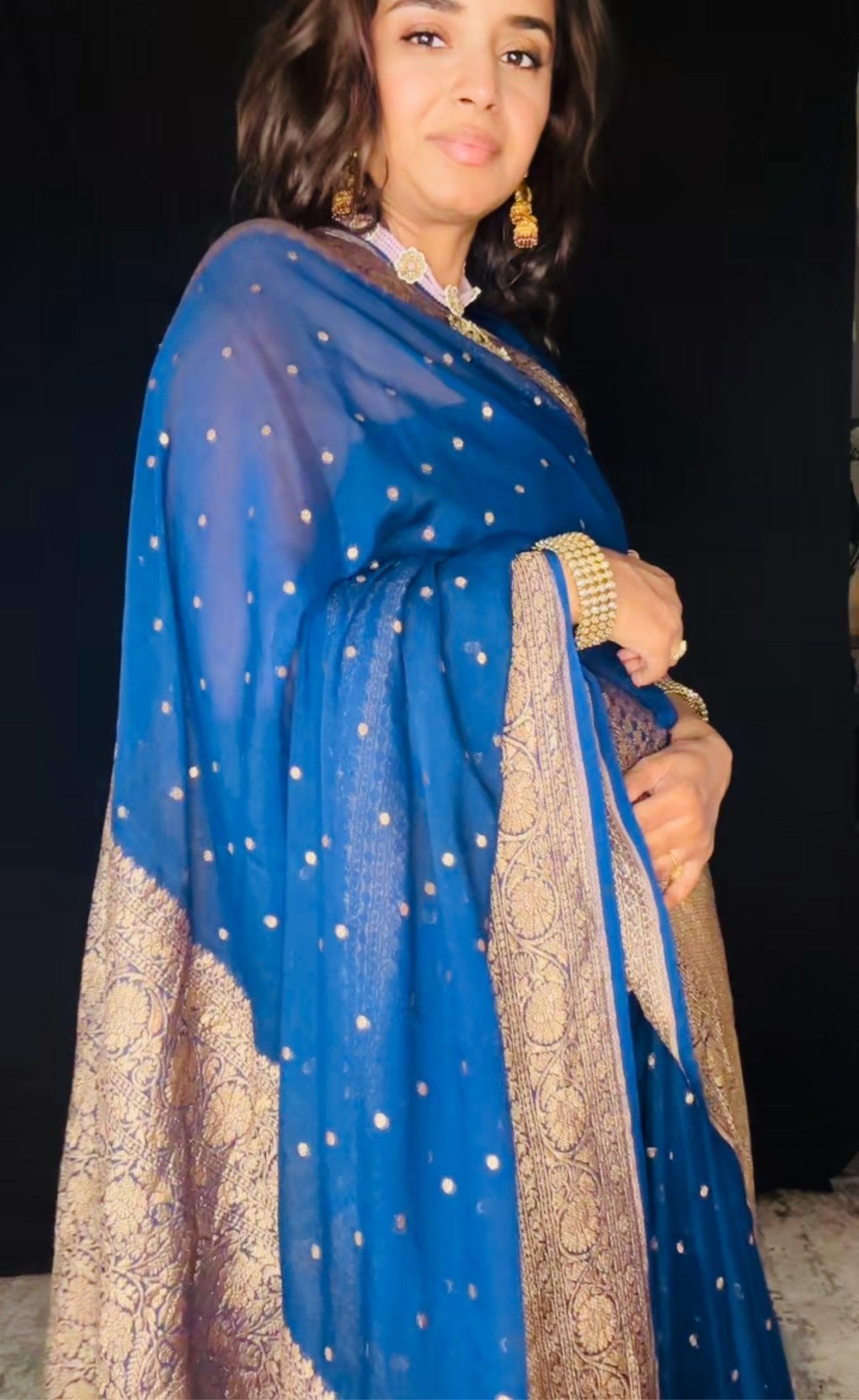 Greenish Blue Banarasi Saree Pure Khaddi Georgette with Antique Zari