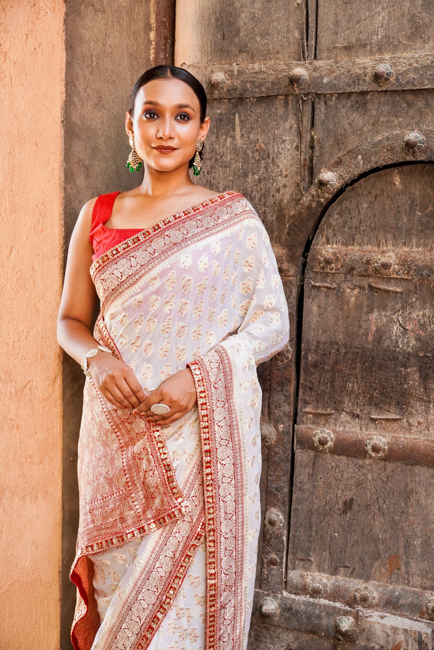 Durga Pooja Special Banarasi Saree Pure Khaddi Georgette in Meenakari with water zari and hand gotta patti