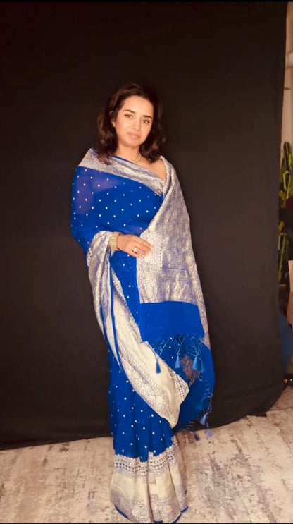 Electric Blue Banarasi Saree Pure Khaddi Georgette with Dual tone Zari