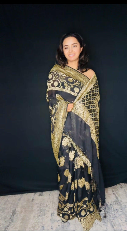 Black Banarasi Saree Pure Khaddi Georgette with Gold Zari