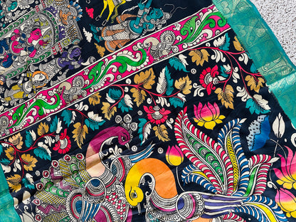 Pen Kalamkari with zari border in Silk - with silk Mark